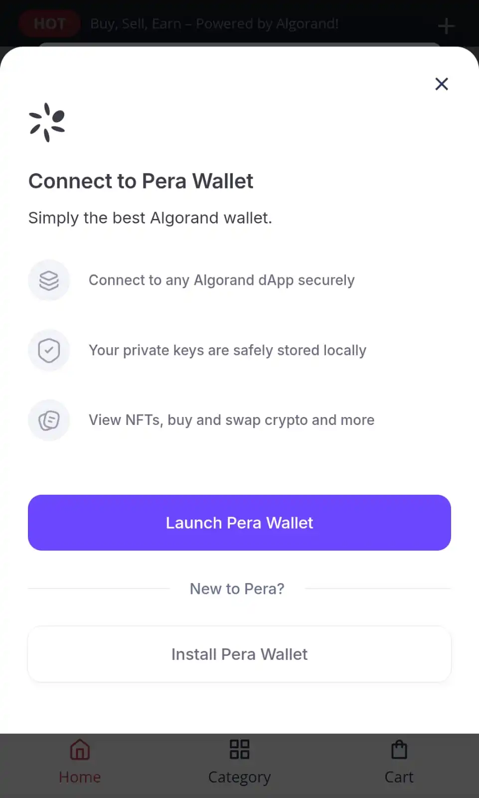 Pera Wallet mobile connection screen
